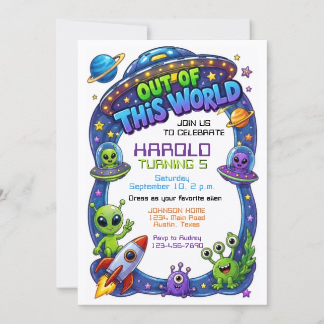 Invitation d'anniversaire extraterrestre hors du m (Devant)