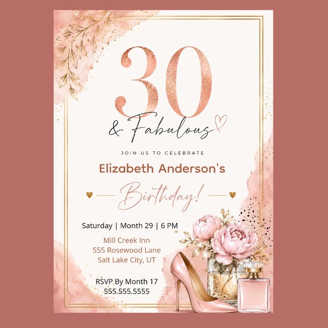 Invitation d'anniversaire fabuleuse de 30 ans pour (Elegant 30th birthday invitation with blush pink watercolor, rose gold glitter, and peony flowers,)