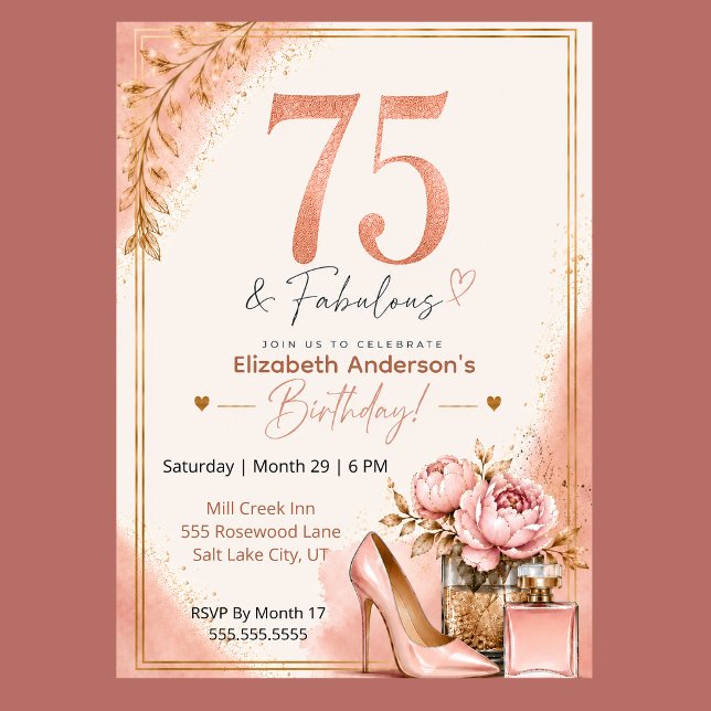 Invitation d'anniversaire fabuleuse de 75 ans de P (Elegant 75th birthday invitation with blush pink watercolor, rose gold glitter, and peony flowers,)