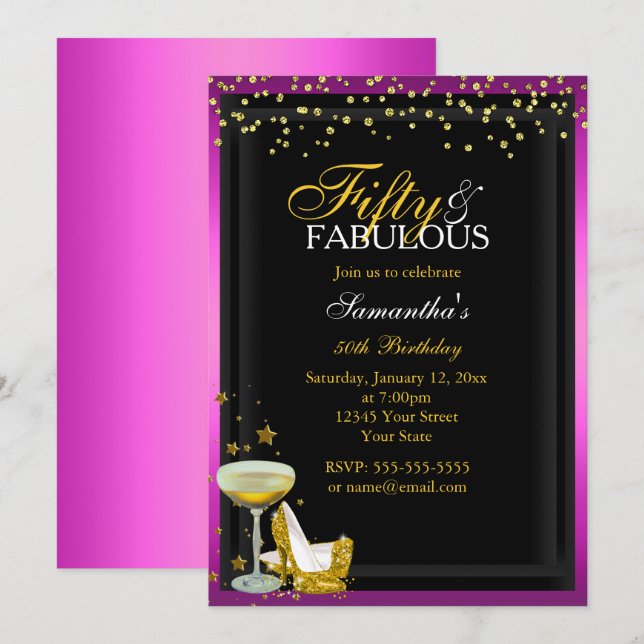 Invitation d'anniversaire fabuleuse Gold Pink 50 (Devant / Derrière)