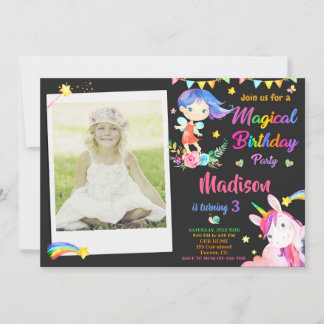 Invitation d'anniversaire Fairy and Unicorn avec p
