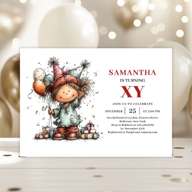 Invitation d'anniversaire fantaisiste pour fille d (Cartoon Girl Birthday Whimsical invitation)
