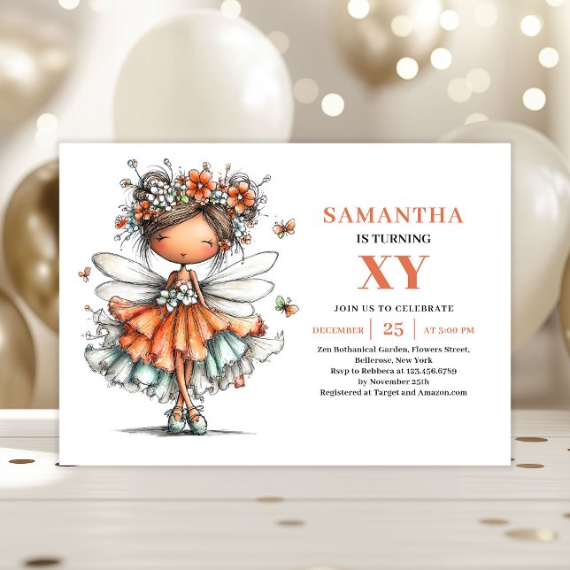 Invitation d'anniversaire fantaisiste pour une jol (Cute Fairy Girl Birthday Whimsy invitation)