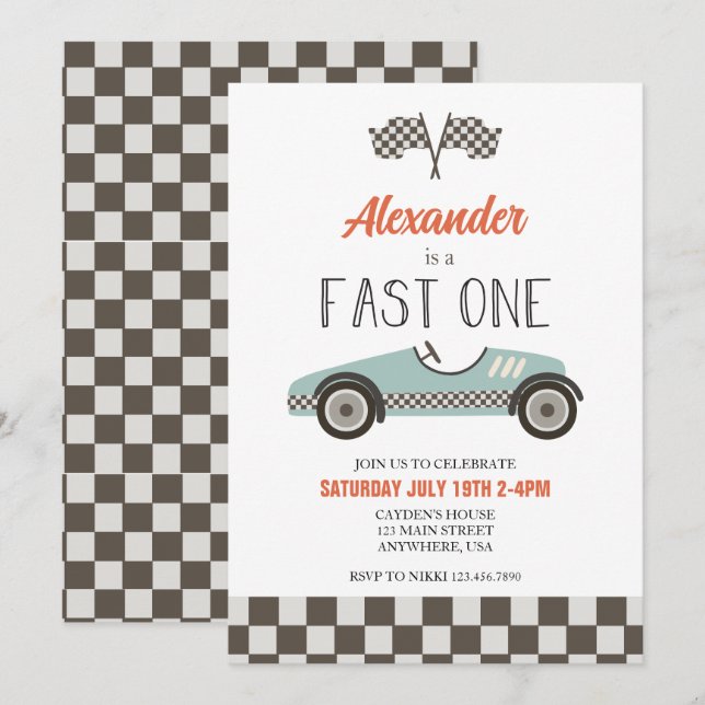 Invitation d'anniversaire Fast One voiture de cour (Devant / Derrière)