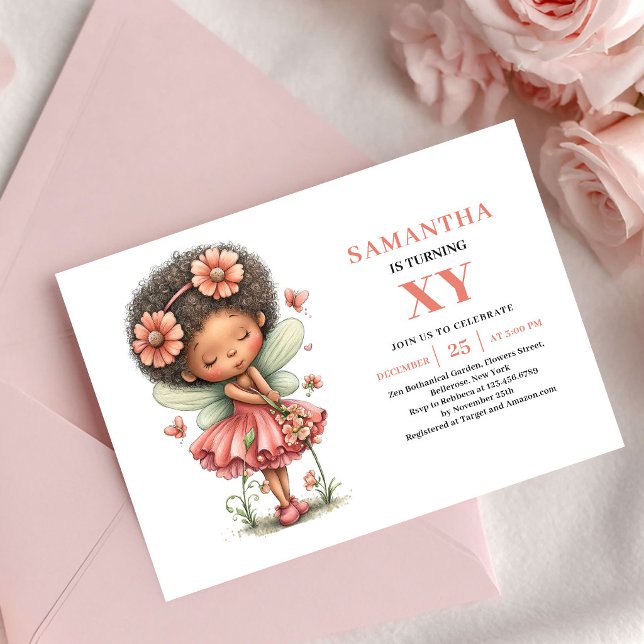 Invitation d'anniversaire Fée fillette florale ros (Playful Fairy Girl Birthday Pink Floral invitation)