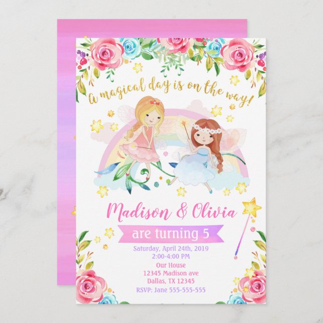 Invitation d'anniversaire fée / Joint Twins Party (Devant / Derrière)