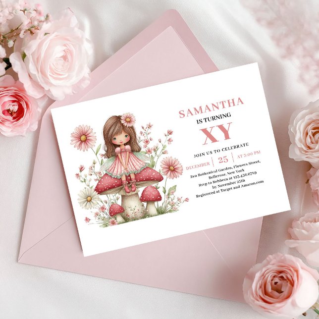 Invitation d'anniversaire Fée Mignonne Fleurs Rose (Cute Fairy Girl Birthday Pink Flowers Invitation)
