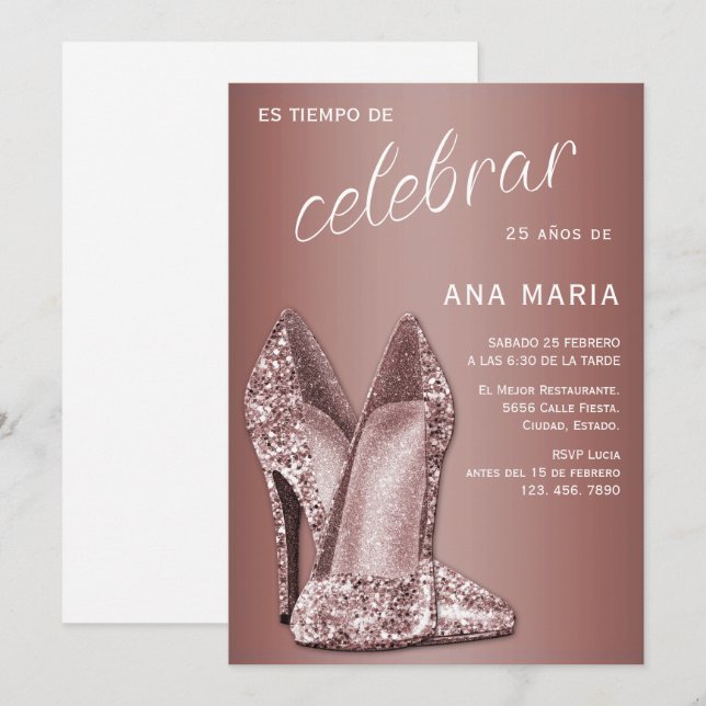 Invitation d'anniversaire féminine espagnole en or (Devant / Derrière)