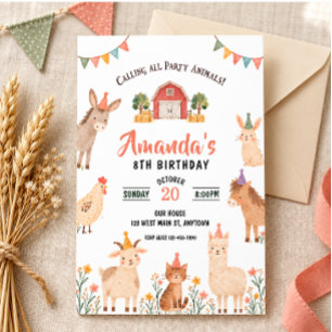 Invitation d'anniversaire Ferme Animaux Aquarelle