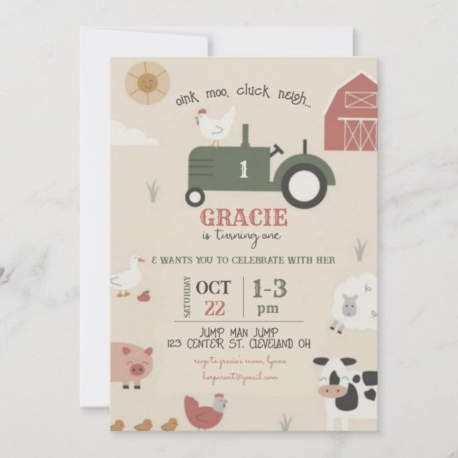 Invitation d'anniversaire ferme et animaux (Devant)