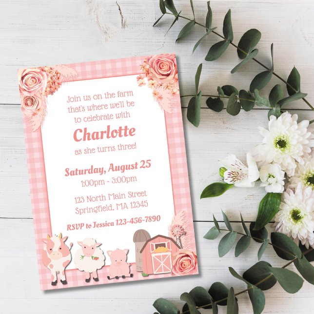 Invitation d'anniversaire Ferme Rose Animaux Flora (Créateur téléchargé)