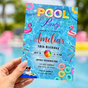 Invitation d'anniversaire fête à la piscine coloré