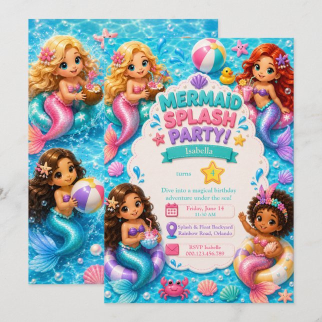 Invitation d'anniversaire Fête à la piscine des si (Devant / Derrière)