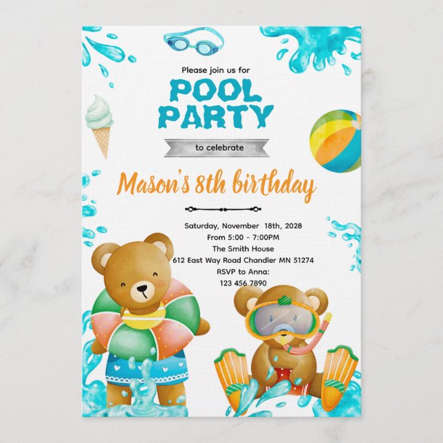 Invitation d'anniversaire fête à la piscine ours (Devant)
