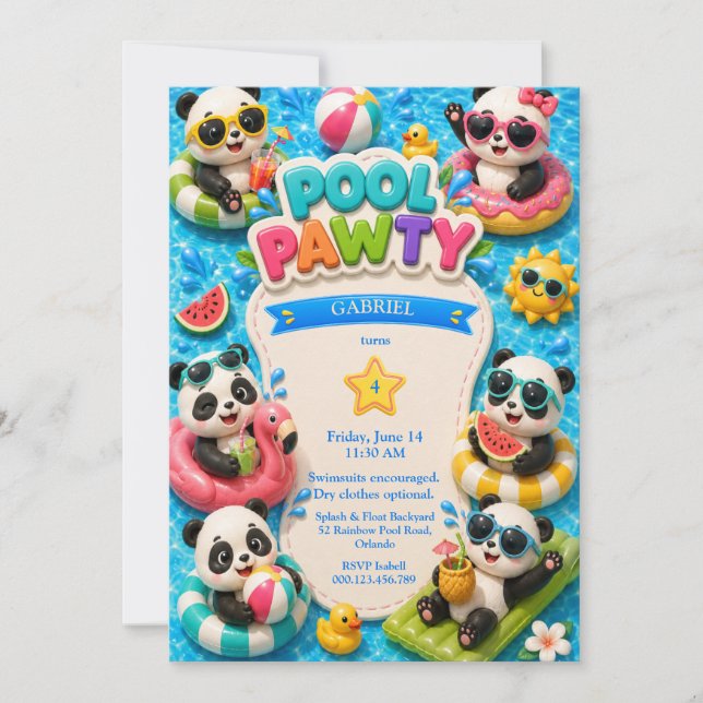 Invitation d'anniversaire fête à la piscine Panda  (Devant)