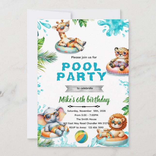 Invitation d'anniversaire fête au bord de la pisci (Devant)