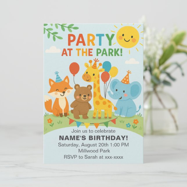 Invitation d'anniversaire Fête au Parc Animaux (Debout devant)