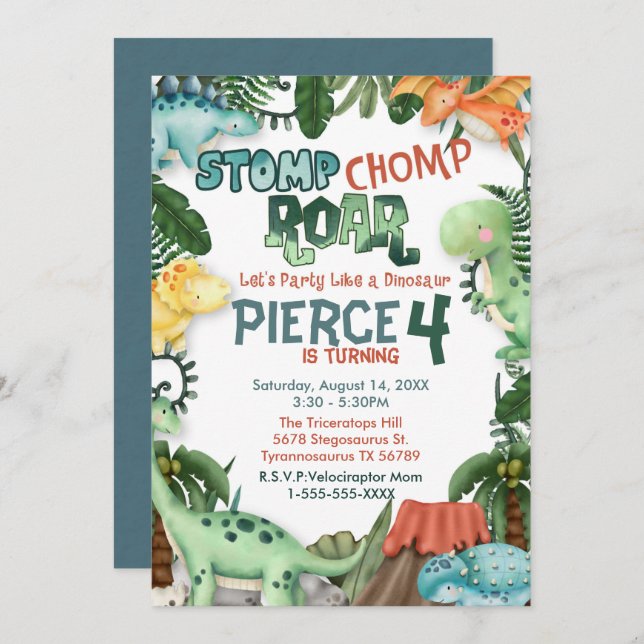 Invitation d'anniversaire Fête comme un dinosaure (Devant / Derrière)