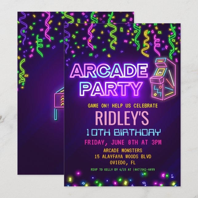 Invitation d'anniversaire fête d'arcade (Devant / Derrière)