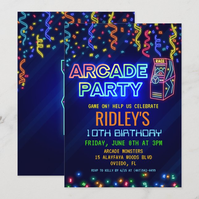 Invitation d'anniversaire fête d'arcade (Devant / Derrière)