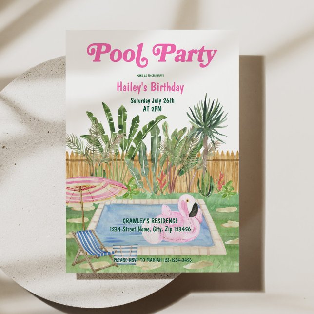 Invitation d'anniversaire Fête de Piscine Rose (Pool Party Birthday Invite Pink)