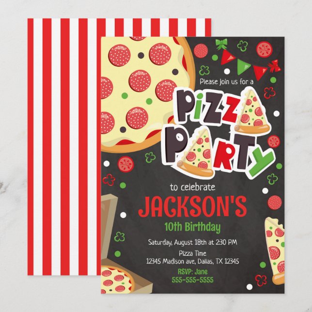 Invitation d'anniversaire Fête de Pizza Enfants Fê (Devant / Derrière)