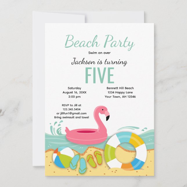 Invitation d'anniversaire Fête de plage au flamant (Devant)