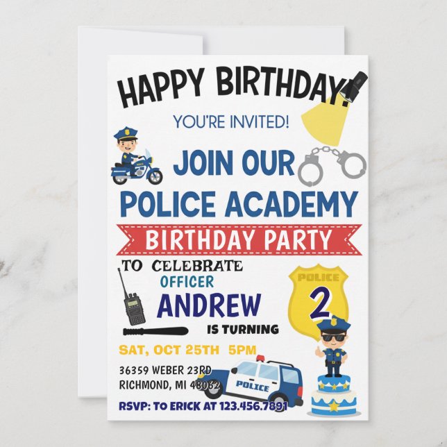 Invitation d'anniversaire fête de policier personn (Devant)