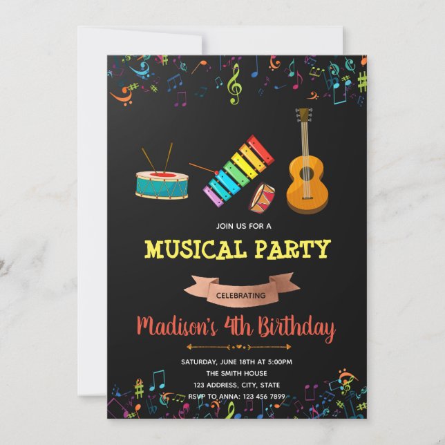 Invitation d'anniversaire fête musicale (Devant)