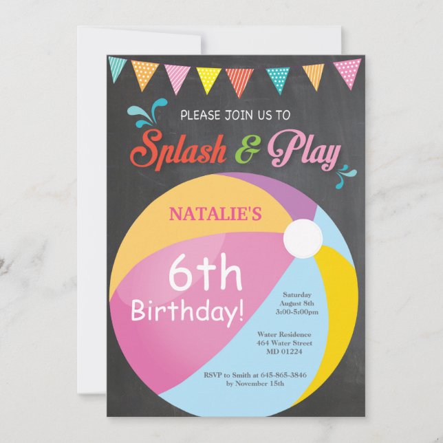 Invitation d'anniversaire Fête Piscine Fille Splas (Devant)