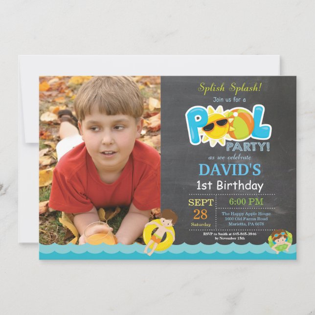 Invitation d'anniversaire Fête Piscine Garçon Spli (Devant)