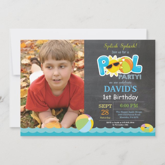 Invitation d'anniversaire Fête Piscine Garçon Spli (Devant)