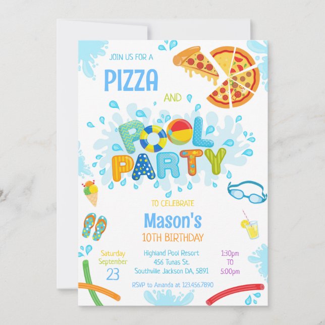 Invitation d'anniversaire fête piscine pizza (Devant)