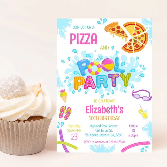 Invitation d'anniversaire fête piscine pizza (Créateur téléchargé)