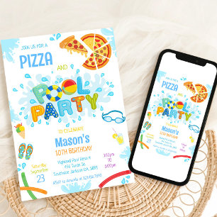 Invitation d'anniversaire fête piscine pizza