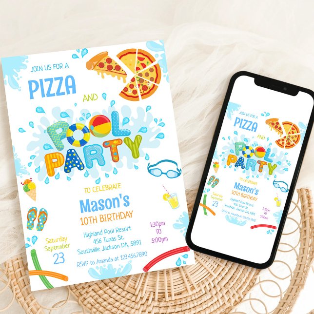 Invitation d'anniversaire fête piscine pizza (Créateur téléchargé)