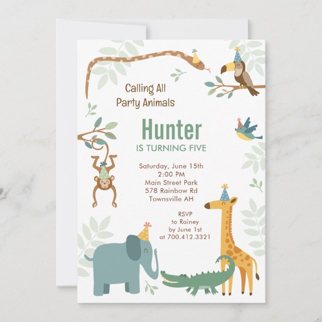 Invitation d'anniversaire fête sauvage animaux de  (Devant)