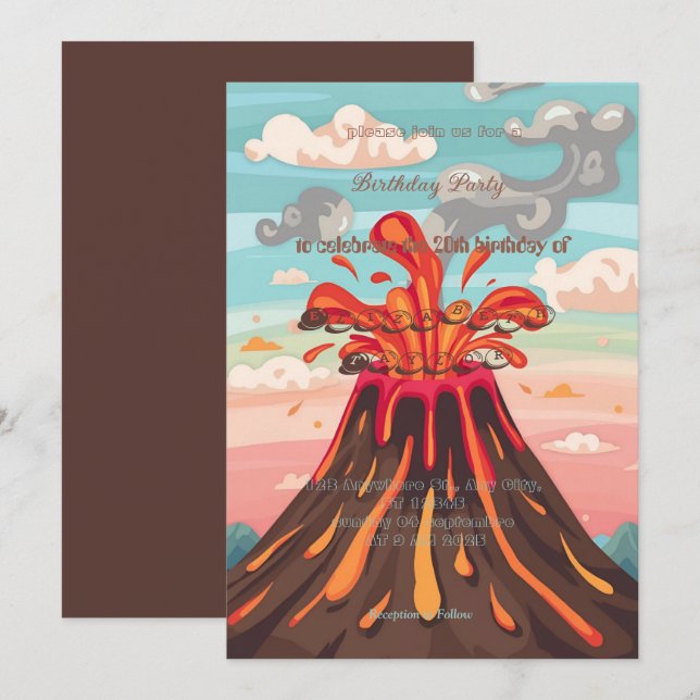 Invitation d'anniversaire fête volcanique amusante (Devant / Derrière)