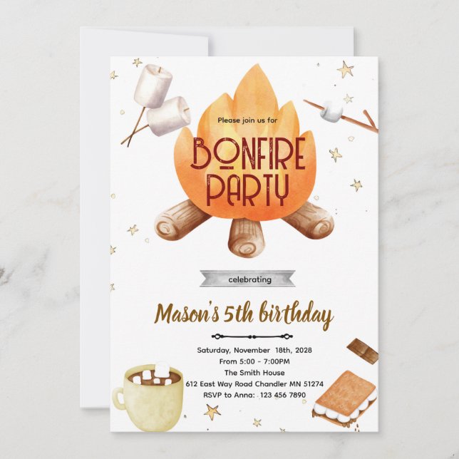 Invitation d'anniversaire feu de joie Smores migno (Devant)