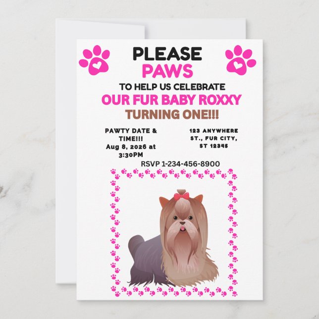INVITATION D'ANNIVERSAIRE FILLE ANIMAL ROSE PATTE  (Devant)