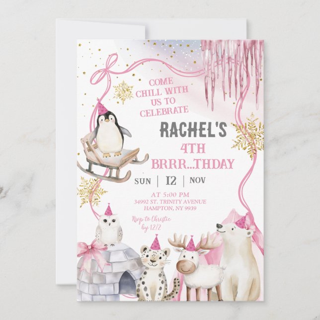 Invitation d'anniversaire fille animaux arctiques (Devant)