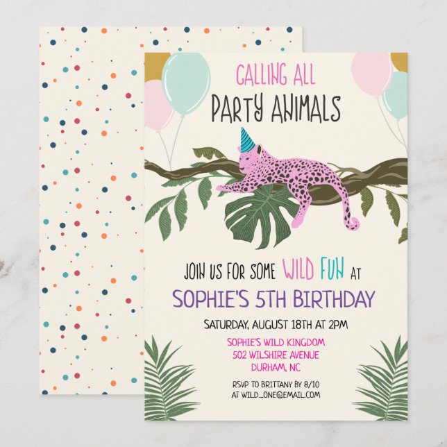 Invitation d'anniversaire fille Animaux de la fête (Devant / Derrière)