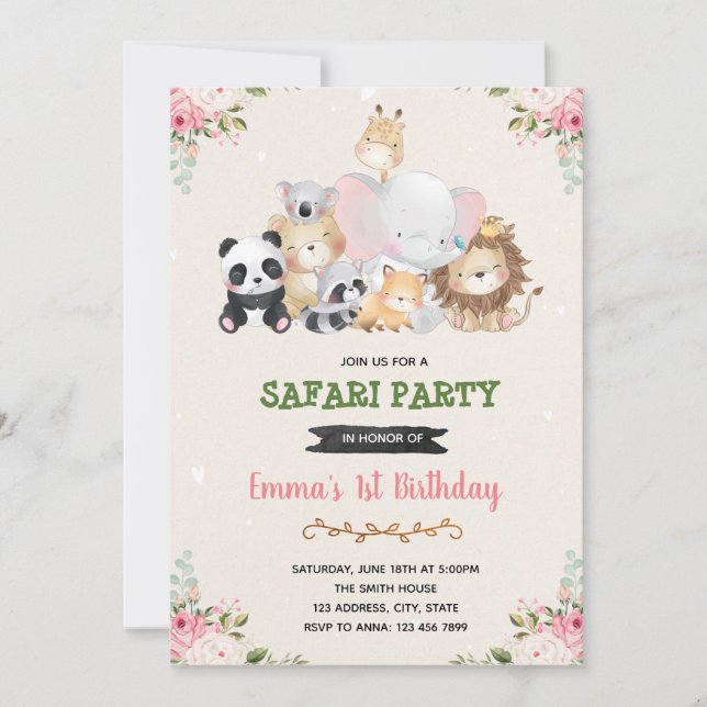 Invitation d'anniversaire fille animaux de zoo (Devant)