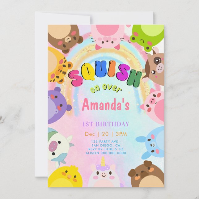Invitation d'anniversaire Fille Arc-en-ciel Animal (Devant)