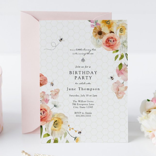 Invitation d'anniversaire Fille aux Fleurs et Abei (Créateur téléchargé)