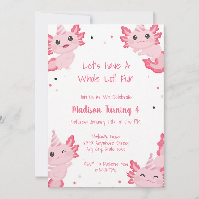 Invitation d'anniversaire Fille Axolotl Rose (Devant)