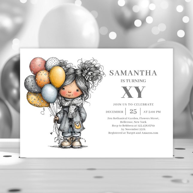 Invitation d'anniversaire fille chic drôle esquiss (Funny Chic Girl Birthday Black Gold Sketch invitation)