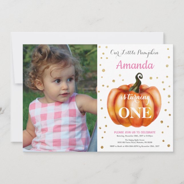 Invitation d'anniversaire fille citrouille automne (Devant)