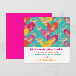 Invitation d'anniversaire fille coeurs pop couleur