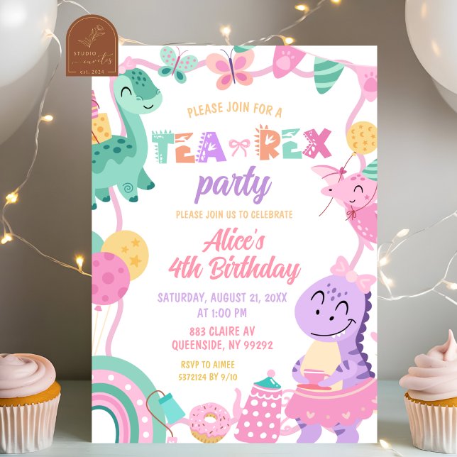 Invitation d'anniversaire fille dinosaure pastel T (Créateur téléchargé)